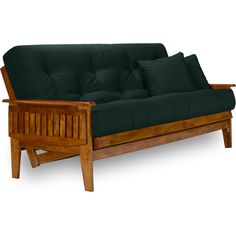 a wooden futon couch with green cushions