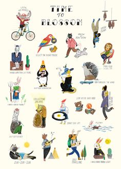 an illustrated poster with some people and animals in different poses, including the words time to blossom