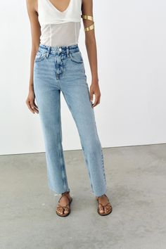 HIGH RISE Z1975 STRAIGHT LEG JEANS - Mid-blue | ZARA United States Cute Jeans Straight Leg, Straight High Rise Jeans Outfit, Women’s Straight Leg Jeans, High Waisted Straight Leg Jeans Outfit, High Rise Jeans Outfit, Straight Jeans Outfit, Zara Mom Jeans, Straight Leg Jeans Outfits, High Rise Straight Leg Jeans