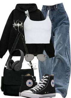 Hoodie And Jeans Outfit Fall, Outfit Ideas Cool Street Styles, Outfits To Go With Converse, Converse Style Outfit, How To Style A White Hoodie, How To Style White Converse, Y2k Outfits Street Styles Aesthetic, Cute Outfits With Baggy Jeans, White Hoodie Outfits