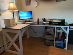 a desk with a computer on top of it