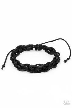 Knotted strands of black cording and black leather laces weave across the wrist, creating a rugged braid. Features an adjustable sliding knot closure. 5/13/21 Casual Black Resizable Braided Bracelets, Adjustable Black Metal Braided Bracelet, Luxury Adjustable Black Braided Bracelet, Bohemian Black Multi-strand Bracelets, Adjustable Black Hand-strung Braided Bracelet, Sliding Knot Closure, Lace Weave, Bracelet Knots, Black Bracelets