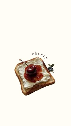 a piece of bread with cream and cherry jam on it that says cherries above the toast