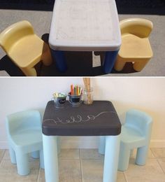 two pictures of children's plastic chairs and table with writing on the seat side