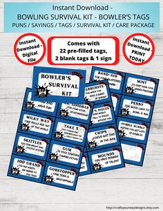 bowling survival kit with instructions and printables for the game, including two tickets