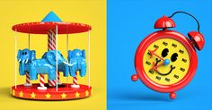 an alarm clock next to a toy carousel with elephants on it and stars around the clock