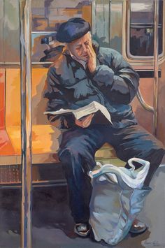 a painting of a man sitting on a bus reading a book and holding a bag