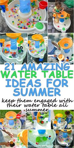 an outdoor table with lots of water and toys for kids to play in the sun