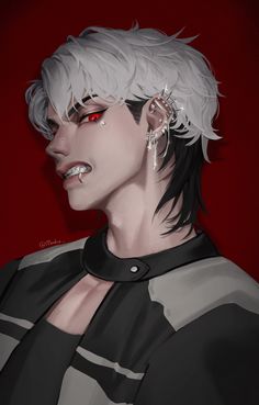 an anime character with white hair and piercings on his ears, wearing red eyes