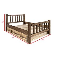 a wooden bed frame with four drawers on each side and measurements for the headboard