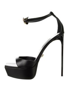 Versace Leather D'Orsay Pumps Black Leather Trim Peep-Toes Stiletto Heels with Platform Straps & Buckle Closure At Uppers Size 9 | IT 39 Heels: 5.75". Platforms: 1.5" New with Box AUTHENTIC Bought from US store #101421 Black High Heels Platform, Victoria Secret Heels, Grad Shoes, Black Runway, Versace Heels, Heels With Platform, Versace Leather, Very High Heels, Versace Shoes