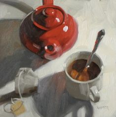 a painting of a red teapot next to a white cup and saucer on a table