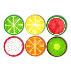 four slices of watermelon, lime, orange and kiwi on white background