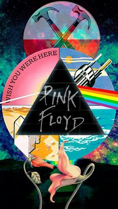 the pink floyd poster is in front of a dark background with stars and other things