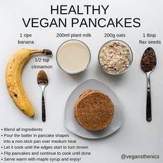 healthy vegan pancakes on a plate with ingredients