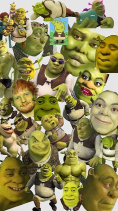 a group of people with different facial expressions on their faces, all dressed in green