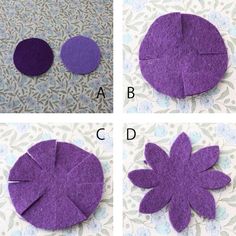 four pictures showing how to make a flower out of felt and cut it into smaller pieces