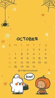 an october calendar with cartoon characters and pumpkins on the front, as well as a ghost