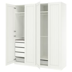 an open white cabinet with drawers and shelves on the bottom, in front of a white background