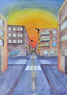 a drawing of an empty city street with buildings and birds flying in the sky at sunset