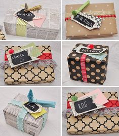 several different types of gift boxes with tags on them