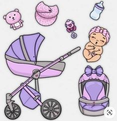 a baby in a stroller surrounded by other items