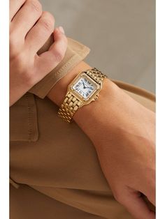 CARTIER Panthère de Cartier medium 27mm 18-karat gold diamond watch | NET-A-PORTER Cartier Gold Watch, Vintage Cartier Watch, Cartier Watches Women, Gold Diamond Watch, Cartier Gold, Gold Diamond Watches, Bracelet Stacks, Cartier Panthere, Gold Watches Women