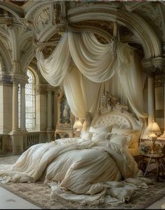 an ornate bedroom with white bedding and drapes on the ceiling, windows to the outside