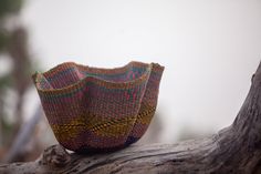 a woven basket sitting on top of a tree branch next to a gray sky in the background