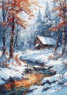 a painting of a cabin in the woods with snow on the ground and stream running through it