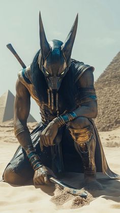 an evil egyptian anubis kneeling down, one hand in the sand, the other hand holding onto a scythe. Jackal Art Egyptian, Anubis Art Illustration, Lord Anubis, Egyptian Dragon, Anubis Art, Egyptian Anubis, Warrior Concept Art, Music Project, Scary Dogs