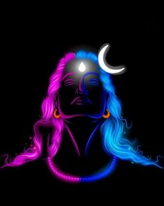 a woman with long hair and a crescent moon on her forehead is lit up in the dark