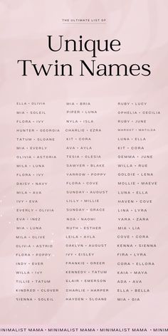 the poster for unique twin names, which are in pink and black with white lettering