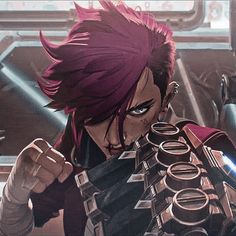 an anime character with red hair and piercings on his face, holding something in one hand