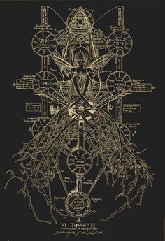 a black and white drawing with gold foil on it, depicting the workings of a machine