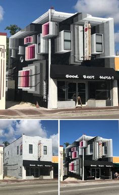 three different shots of a building with pink and white shutters on the front windows