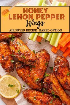 honey lemon pepper wings on a cutting board with sliced carrots and celery