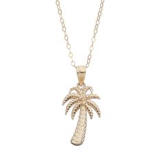 "With a textured palm tree pendant, this 10k gold necklace adds tropical flair to your outfit. Comes in a gift box.PENDANT DETAILS Pendant length: .88 in. Chain length: 18 in. Clasp: spring-ring Metal: 10k gold Features: 14k gold-filled chain Size: 18"". Gender: female. Age Group: adult." Gold Palm Tree, Palm Tree Necklace, Palm Tree Pendant, Necklaces Gold, 14k Gold Necklace, Tree Pendant, Ring Metal, Yellow Gold Pendants, Pendant Gold