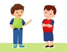 two boys standing next to each other with their arms crossed and one pointing at something