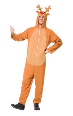 a man in an orange reindeer costume is standing with his hands out to the side