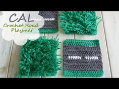 three crocheted football beanies with pom poms on the top and bottom