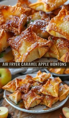 two different views of apple turnovers on a plate with apples in the background and another photo