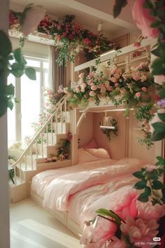 there is a bed that has flowers on the top and bottom bunk beds above it