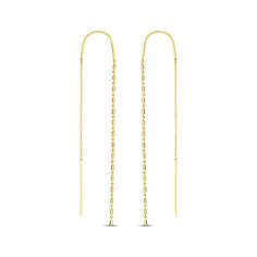 Add dimension to your sleek look with these dot-dash bead chain threader earrings. Crafted in 14K yellow gold Each earring measures 64.5mm Simply thread the solid end and box chain through the piercing until the curved wire sits in place Yellow Gold Threader Earrings With Delicate Chain, Yellow Gold Delicate Chain Threader Drop Earrings, Yellow Gold Long Drop Threader Earrings, Modern Yellow Gold Long Drop Threader Earrings, Classic Yellow Gold Dangle Threader Earrings, Yellow Gold Threader Earrings With Delicate Long Drop Chain, 14k Yellow Gold Dangle Threader Earrings, Dainty Yellow Gold Tarnish-resistant Threader Earrings, Chain Threader Earrings