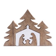 a wooden nativity scene with two people in the manger, and pine trees