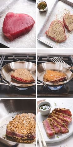 four pictures showing how to cook steak in a skillet with seasoning and seasoning