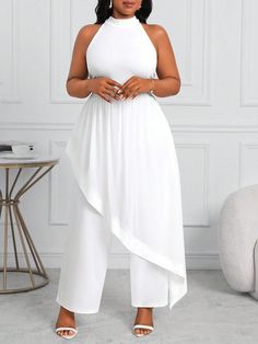 Plus Size Women's Business Professional White Open Shoulder Asymmetrical Jumpsuit With Long Pants Women Jumpsuits White Women Jumpsuit White Casual  Sleeveless Knitted Fabric Colorblock,Plain Other Slight Stretch  Women Plus Clothing, size features are:Bust: ,Length: ,Sleeve Length: White Plus Size Outfit, Women's Business Professional, Asymmetrical Jumpsuit, Womens Business Professional, Summer Jumpsuit Casual, Women Jumpsuit, Printed Sleeveless Top, Slim Fit Top, Business Professional