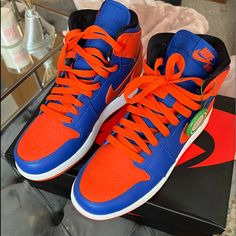 Jordan 1 Retro High Knicks Nike Orange High-top Sneakers With Abzorb Midsole, Orange Leather Basketball Shoes With Laces, Sporty Orange High-top Jordan Shoes, Orange Sneakers With Boost Midsole And Round Toe, Orange Sneakers With Boost Midsole, Nike Orange Basketball Shoes With Laces, Nike Multicolor Leather Basketball Shoes, Orange Nike Basketball Shoes With Laces, Orange High-top Custom Synthetic Sneakers