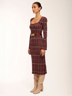 Fitted Textured Knit Midi Dress, Fitted Knee-length Textured Knit Dress, Fitted Jacquard Knit Knee-length Dress, Fitted Textured Knit Long Sleeve Dress, Textured Knit Fitted Long Sleeve Dress, Chic Fitted Jacquard Knit Midi Dress, Fitted Casual Jacquard Knit Dress, Fitted Textured Knit Dress For Fall, Casual Fitted Jacquard Knit Dress