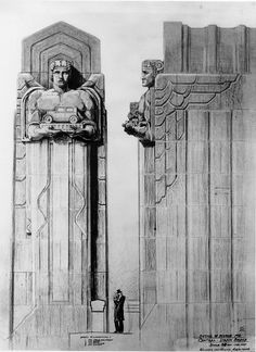 an architectural drawing of two statues in the shape of heads and torsos, with one man standing next to another